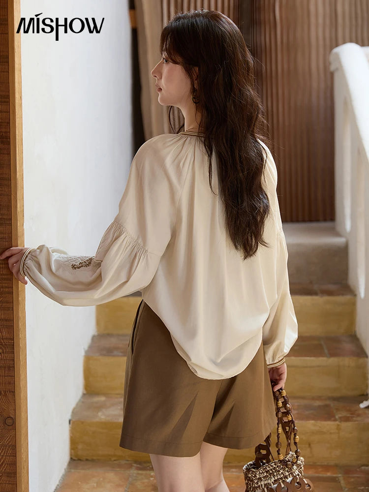 MISHOW Apricot Embroidered Blouse Tassels Lantern Sleeves MXE41X1940