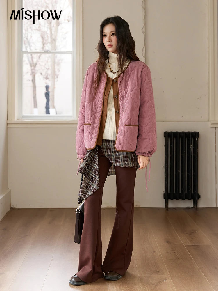 MISHOW Pink Purple Corduroy Jacket Gourd Pattern Splicing Suede MXE88W0882