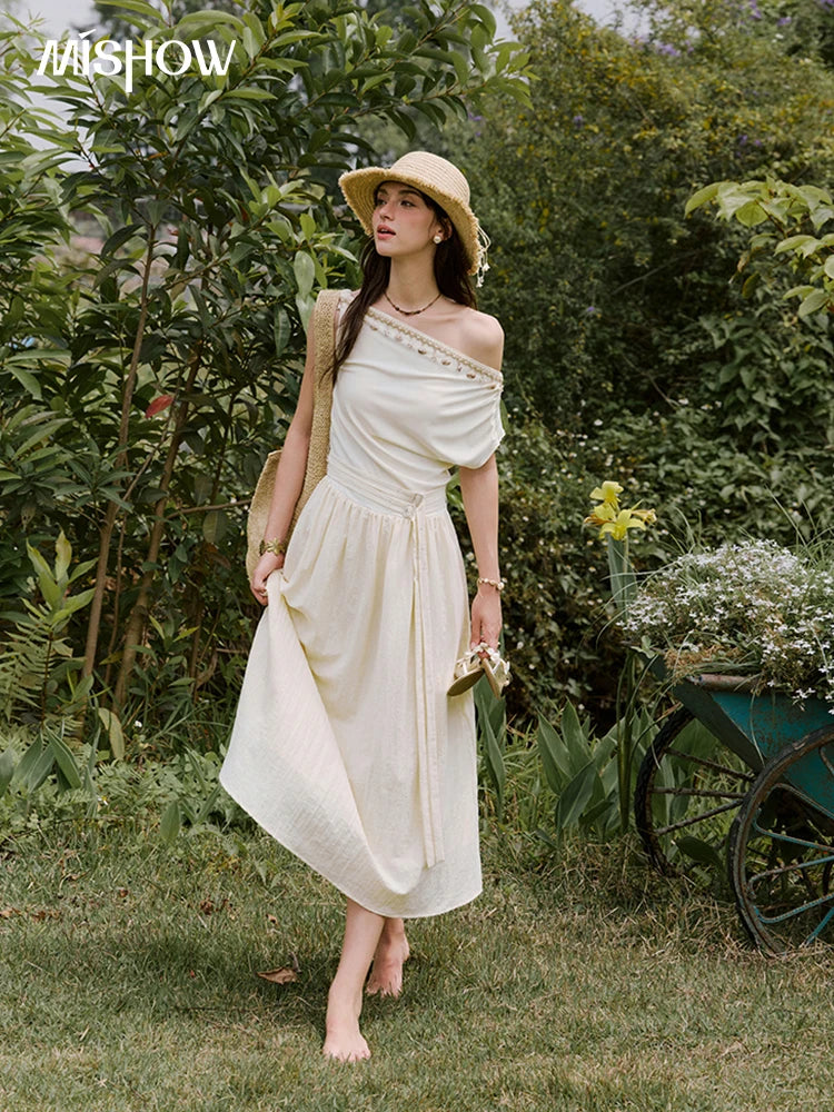 Mishow Shell Webbing Oblique Collar Slim Dress MXE31L2189