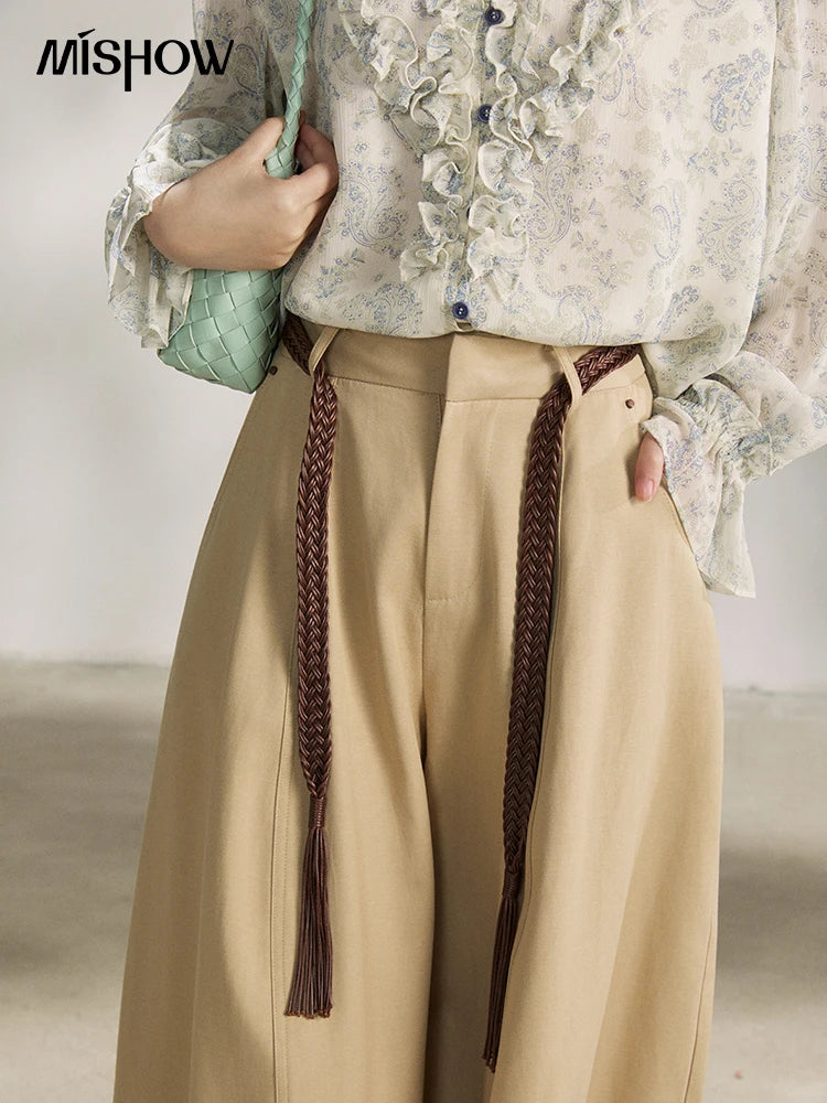 MISHOW Khaki Wide Leg Pants High Waist Belted Rear Pocket MXF13K1237