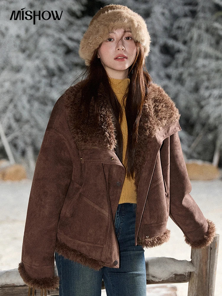 MISHOW Blue Plush Jacket Turn-Down Collar Zip-Up Loose MXE87W0917