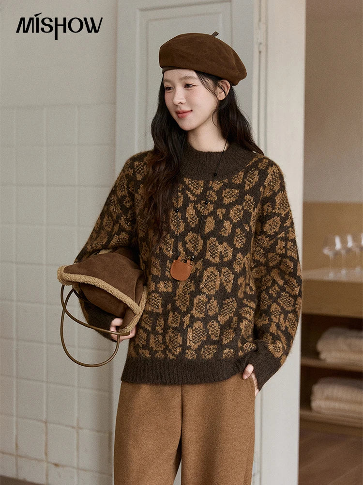 Mishow Color Block Leopard Jacquard Half Turtleneck Sweater MXE91Z2839