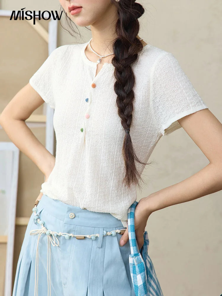 Mishow Twisted Design Dopamine Button Tee MXE34Z1243