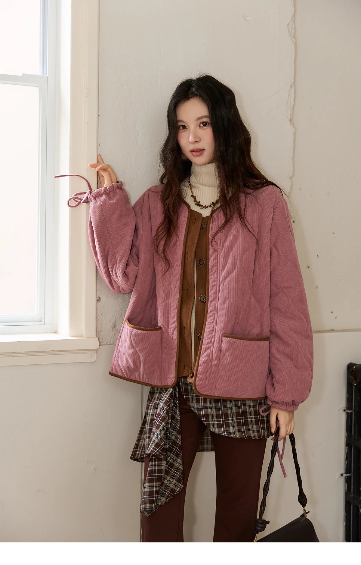 MISHOW Pink Purple Corduroy Jacket Gourd Pattern Splicing Suede MXE88W0882