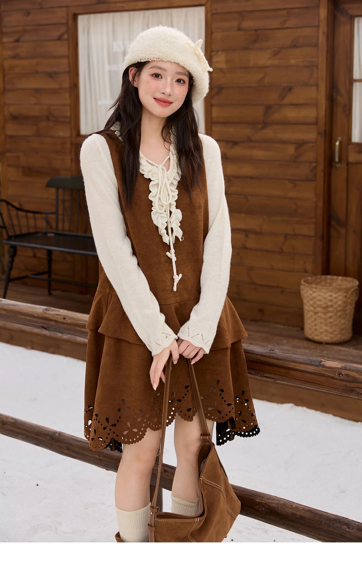 Mishow Brown Retro Suede Hollow Out Vest Dress MXE51L2524