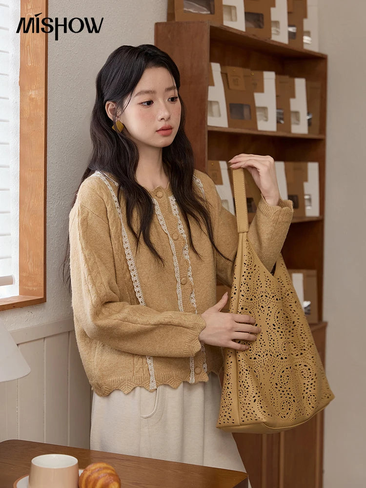 Mishow Yellow Lace Stitching Cable Knit Cardigan MXE51Z2546