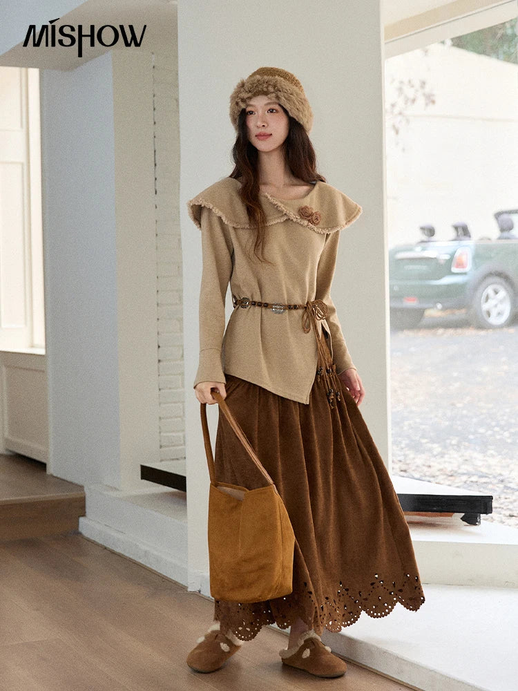 Mishow Retro Brown 3D Flower Decoration Round Neck Top MXE51Z2593