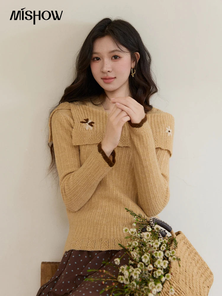 Mishow Yellow One Shoulder Floral Ribbed Sweater MXF11Z2894
