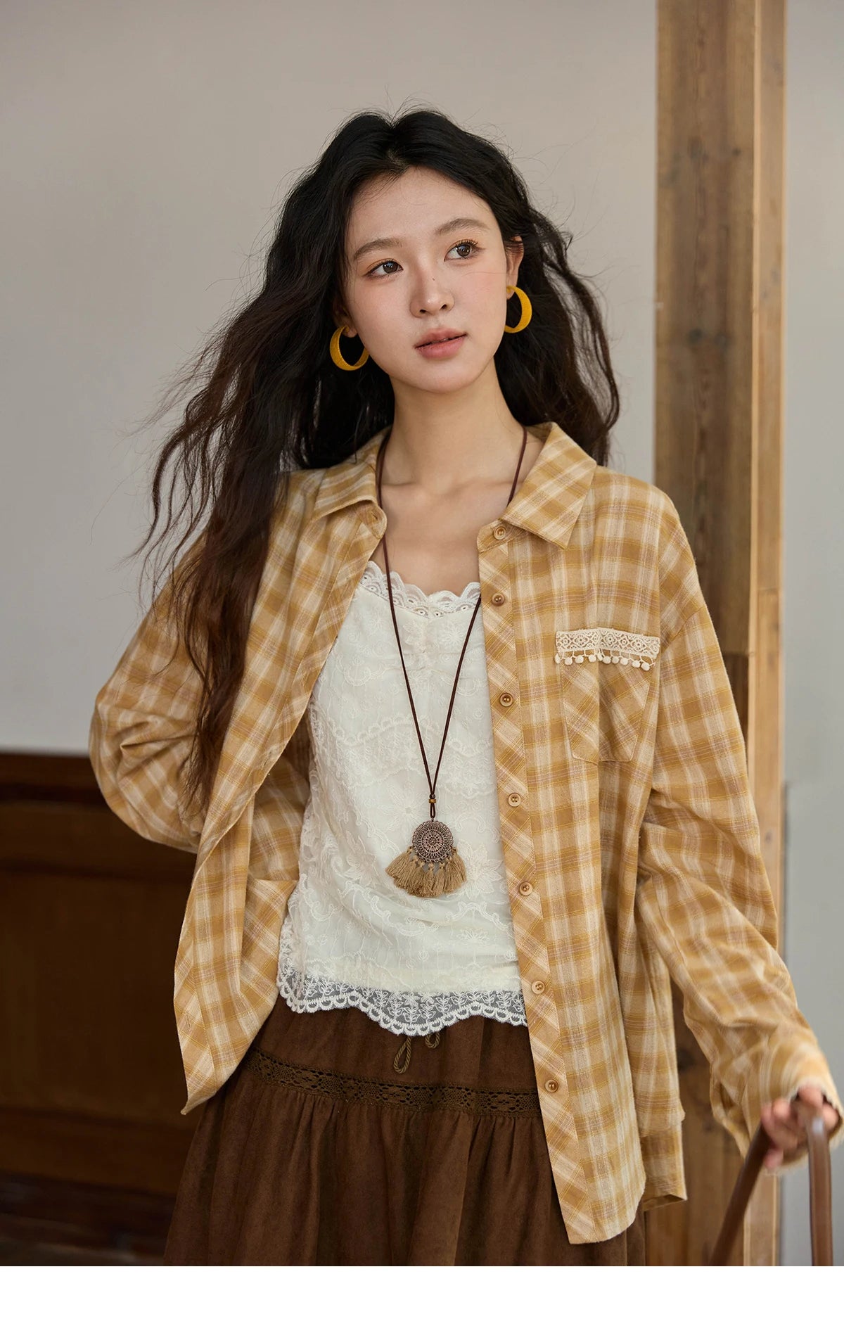 MISHOW Retro Plaid Shirt Lace Pocket Lapel Collar MXE43C2378