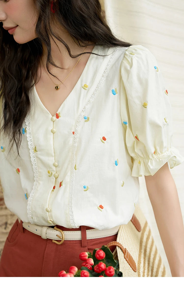 MISHOW 100% Cotton Square Neck Blouse Embroidered Lace Patchwork Puff Sleeve MXD22X1420