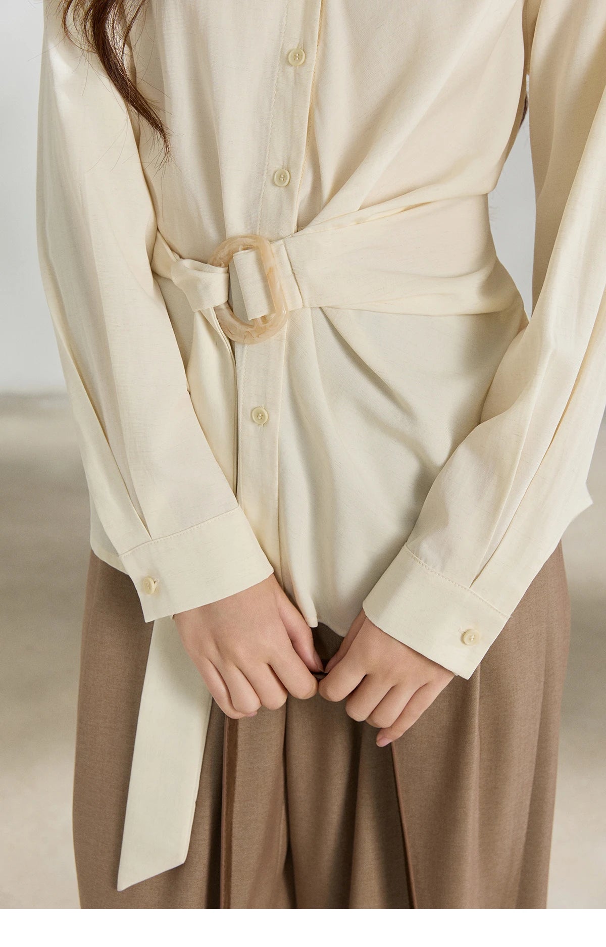 MISHOW Lapel Collar Shirt with Belted Waist Soft Beige MXF13C2452