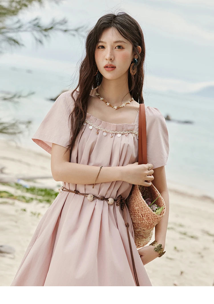 Mishow Bohemian Pink Square Collar Belt Dress MXE33L2158