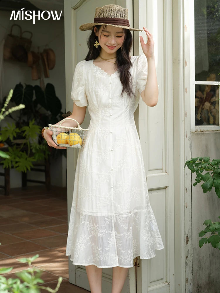 Mishow V-Neck Lace Embroidery Puff Sleeve Dress MXE39L2432