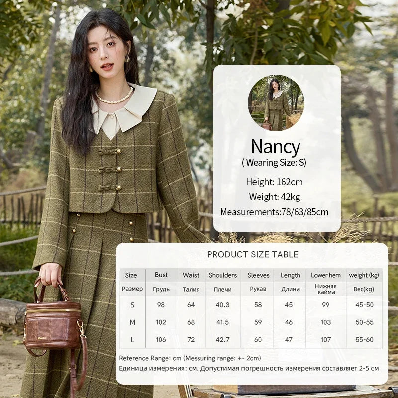 Mishow Retro Plaid Doll Collar Tweed Jacket & Pleated Skirt Set MXD48W0469