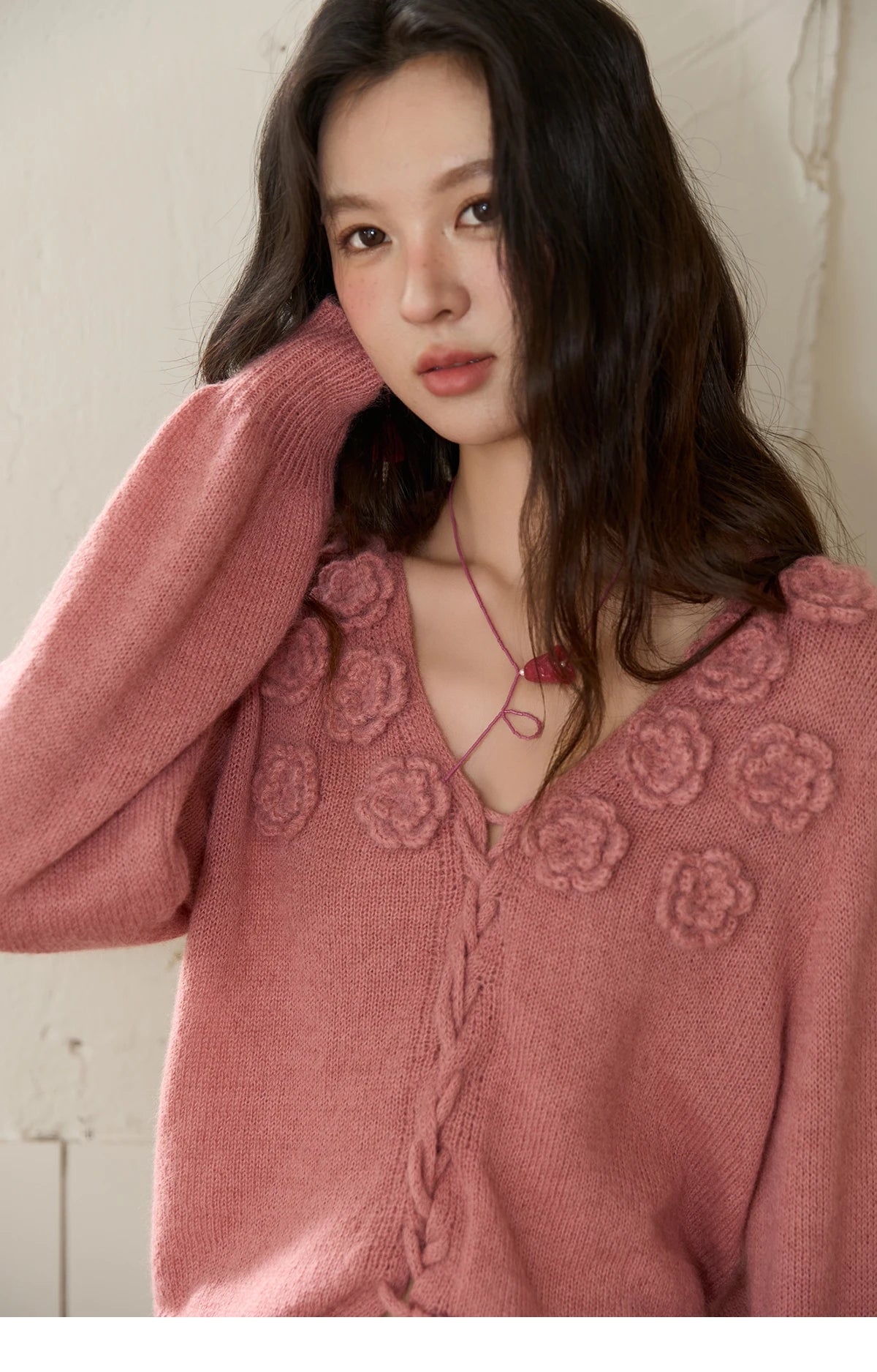 Mishow Pink 3D Rose V-Neck Loose Pullover MXE88Z2708