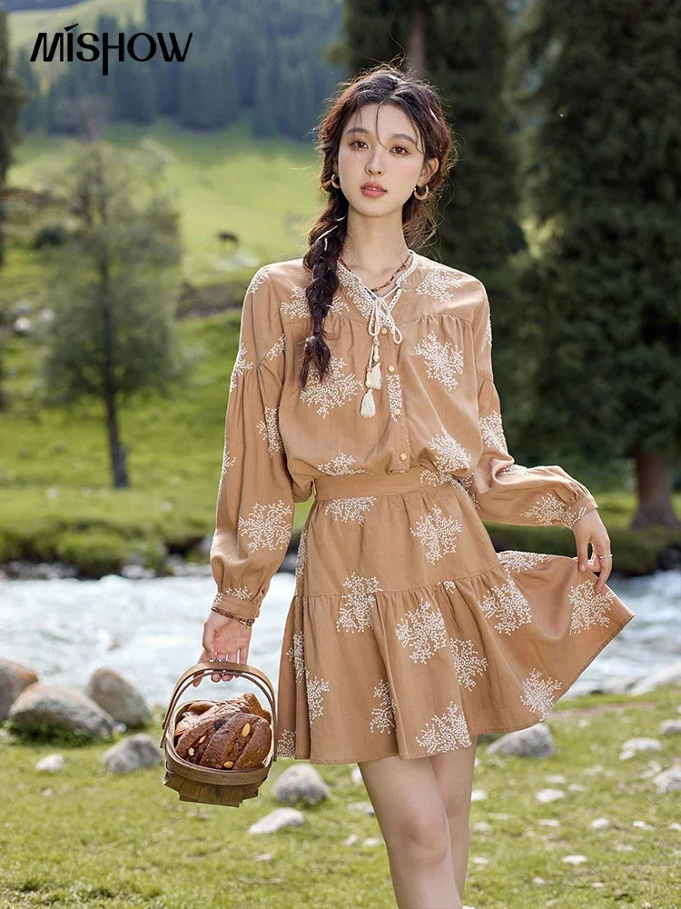 Mishow French Jacquard Tassel Lace Up Top & Flower Bud Skirt Set MXD41X1636