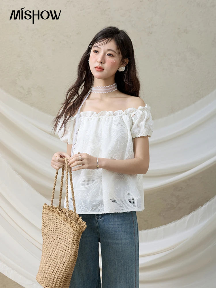 MISHOW Slash Neck Lace Blouse Short Sleeve Solid MXE35X1775