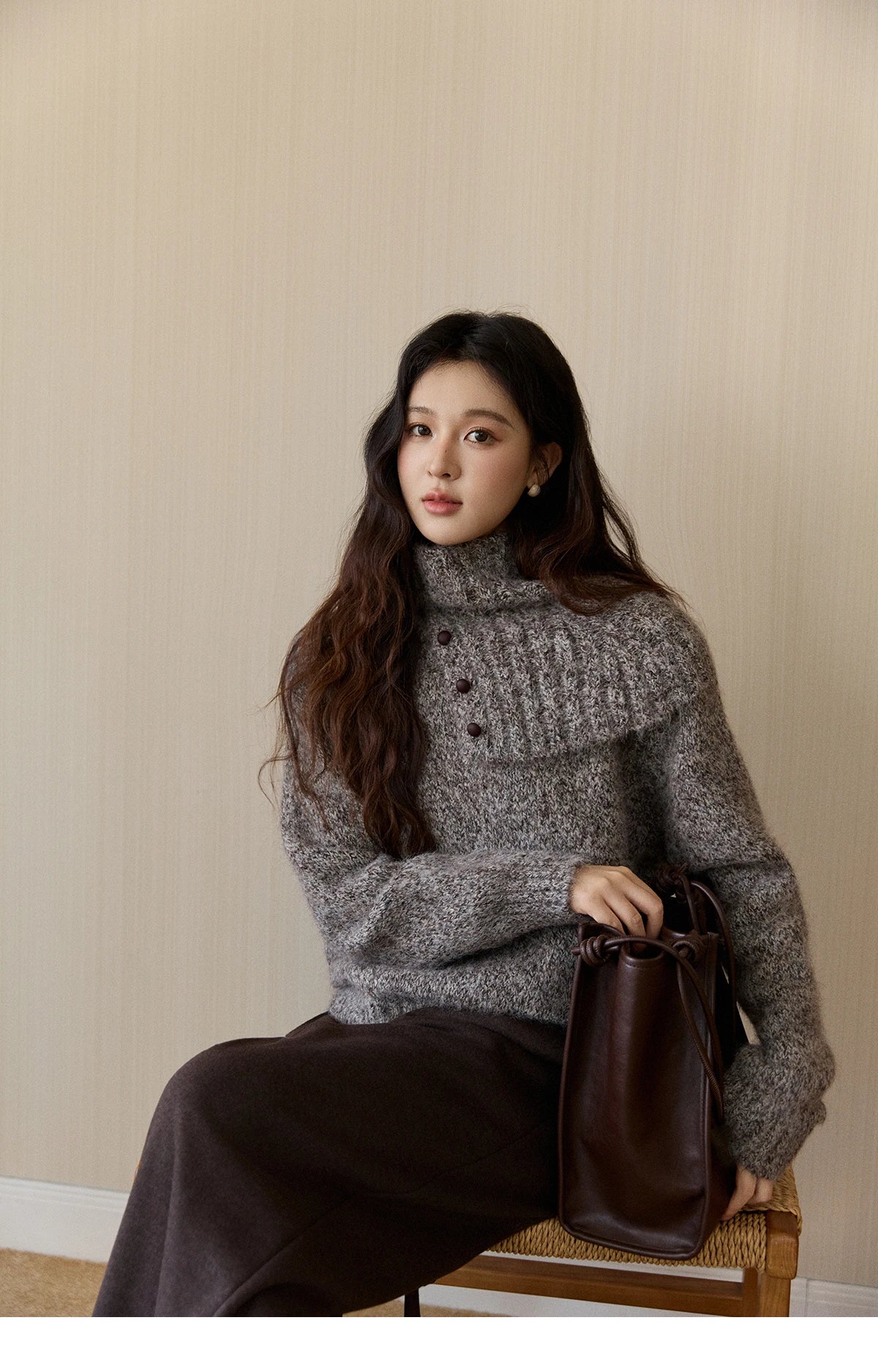 Mishow Gray Textured Button Sweater with Neckwear Scarf MXE94Z2978