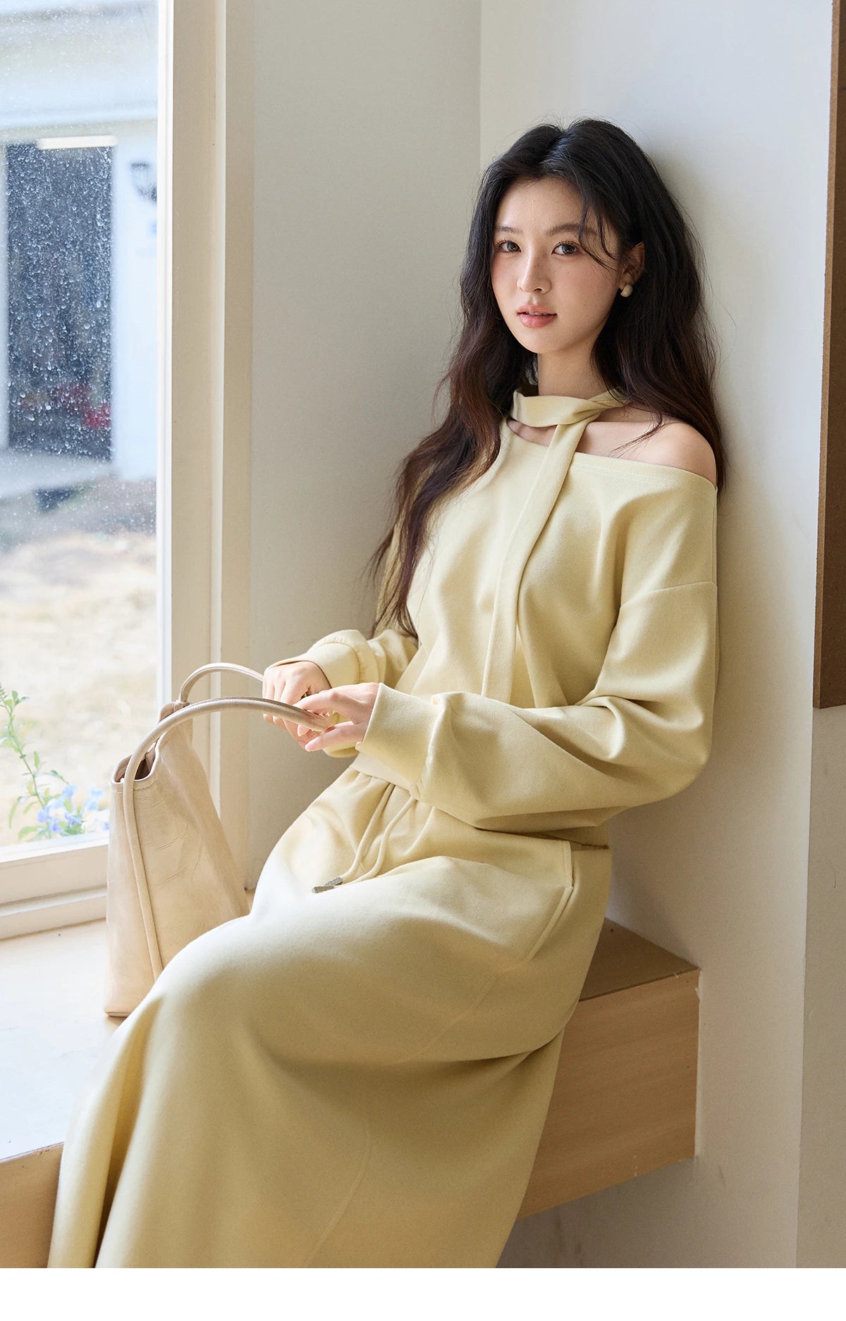 Mishow Light Yellow Off-Shoulder Top & Rear Fork Midi Skirt Set MXE11T1489