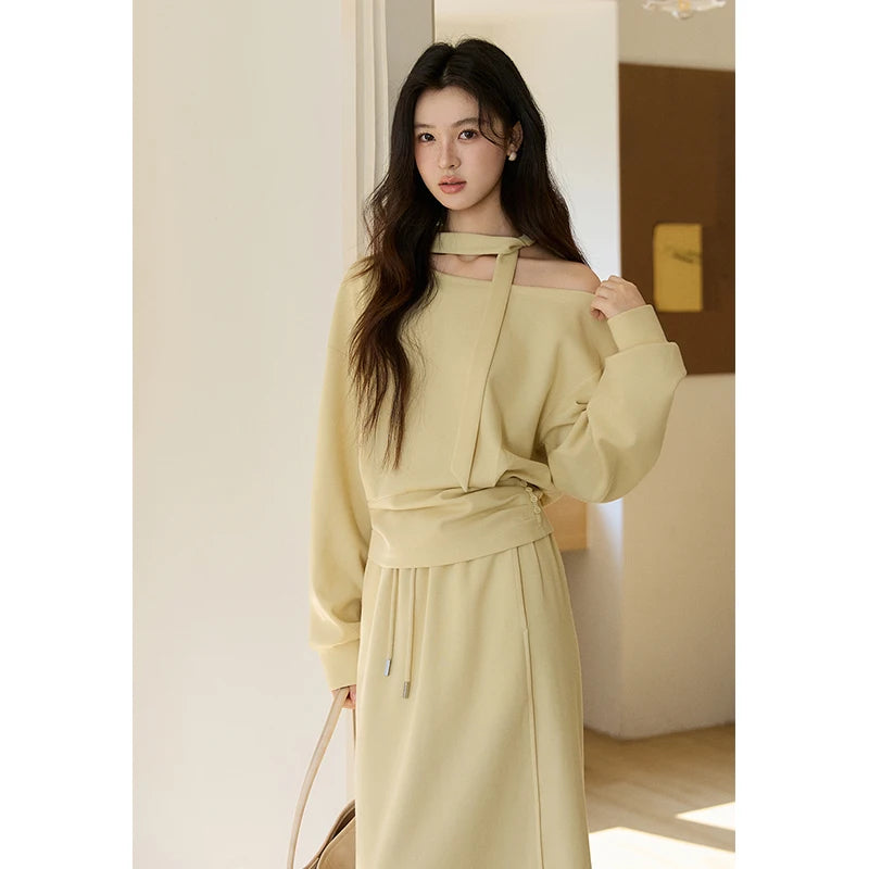 Mishow Light Yellow Off-Shoulder Top & Rear Fork Midi Skirt Set MXE11T1489