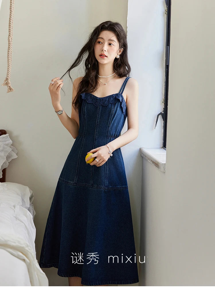 Mishow Denim Camisole Hollowed Out Lace Edge Dress MXE13L2094