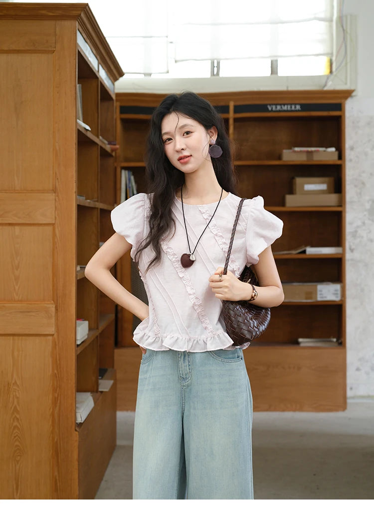 MISHOW Fungus Edge Puff Sleeve Blouse O-Neck Loose MXE39X1941