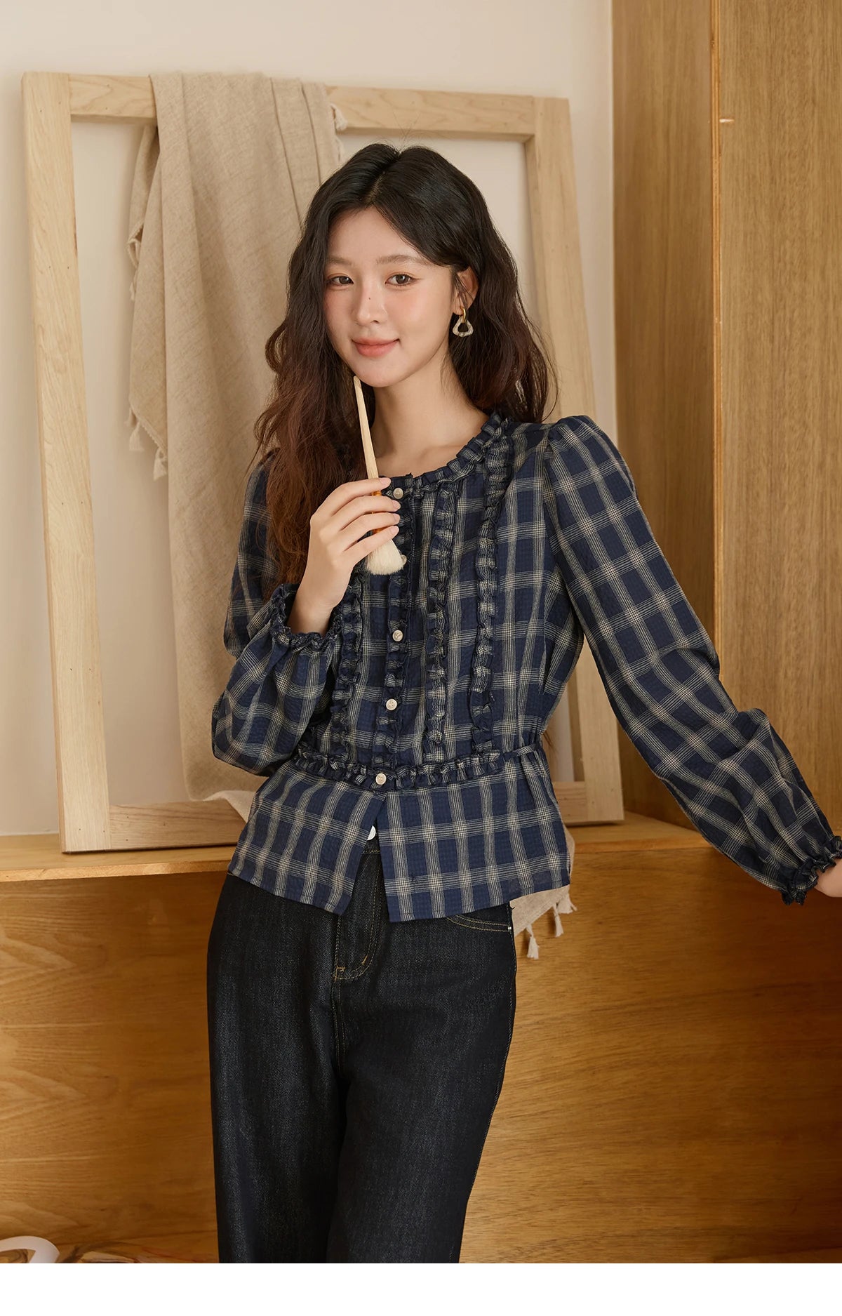 MISHOW Vintage Blue Plaid Shirt Round Neck Loose MXE45X2480