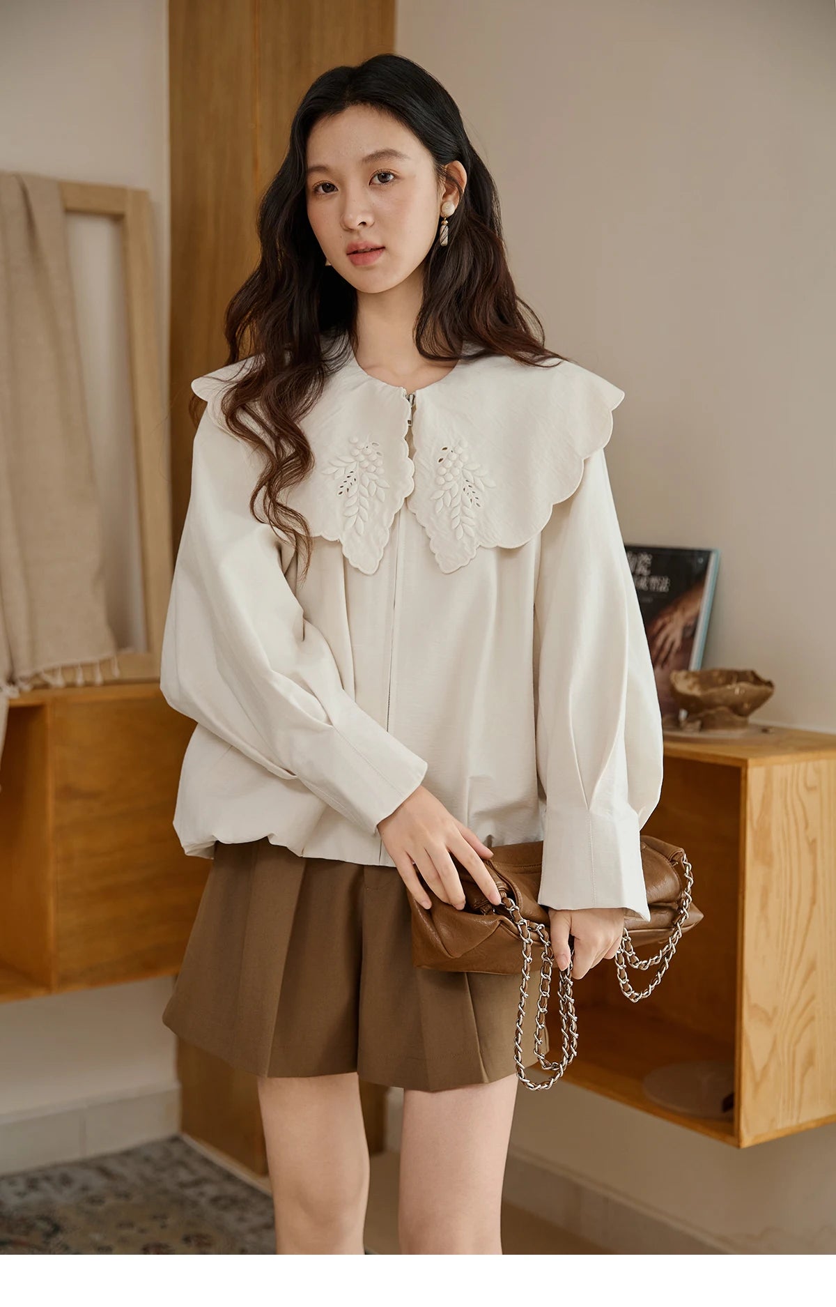 MISHOW Wheat Sprout Embroidery Coat Doll Collar Hem Folded Zipper MXE45W0860
