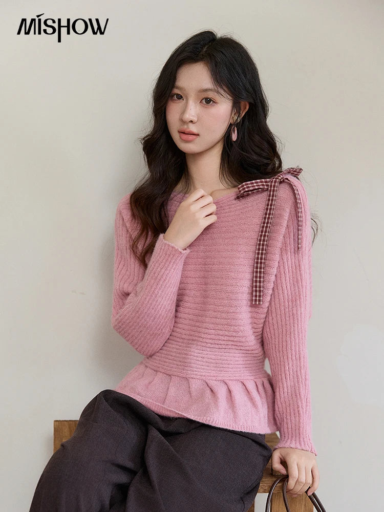 Mishow Pink Plaid Bow Peplum Ribbed Sweater MXF11Z3016