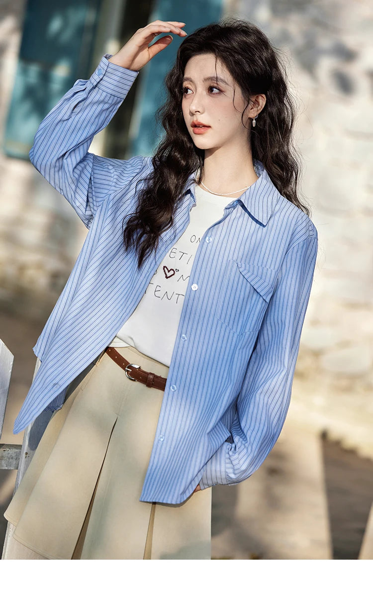 MISHOW Blue Striped Shirt Pocket Turn-Down Collar MXE11C0399