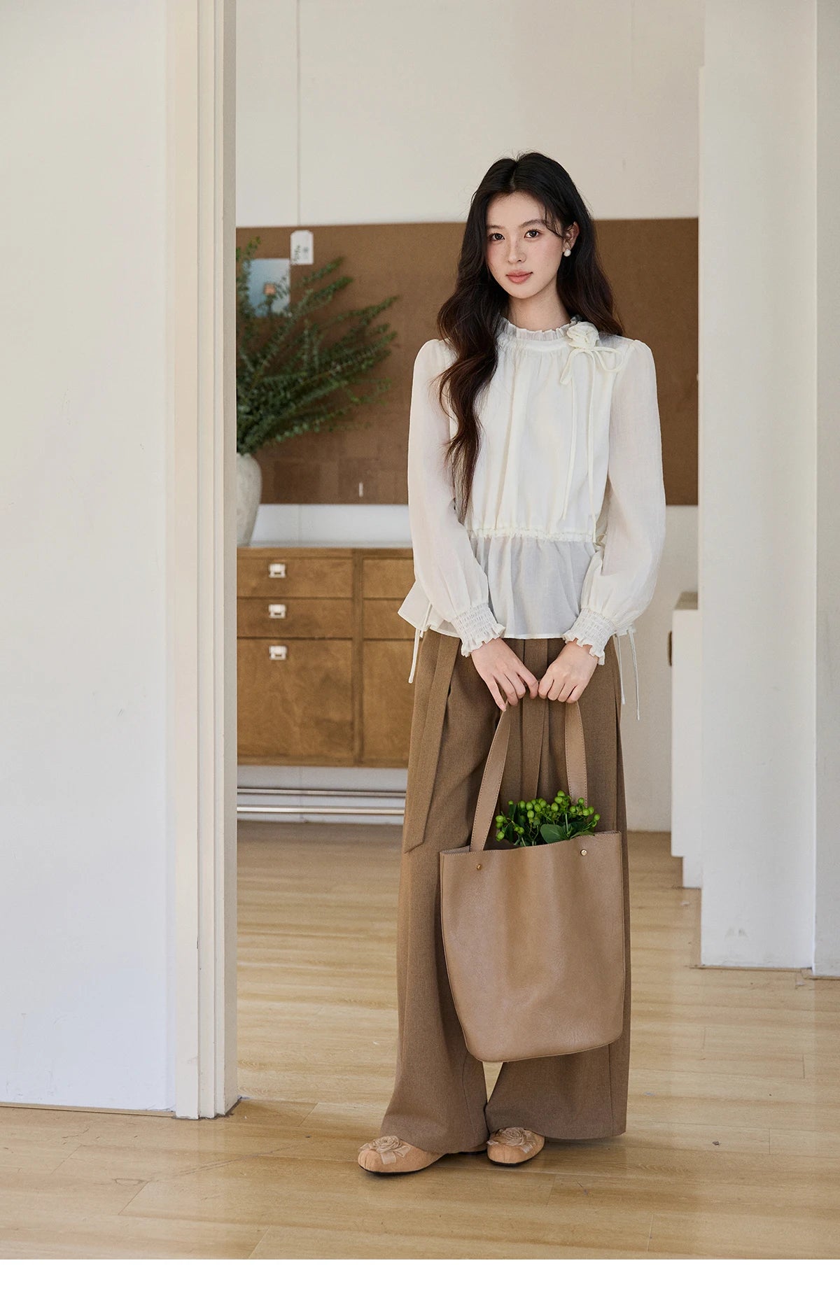 MISHOW Ruffled Stand Collar Blouse Drawstring Waist Puff Sleeve MXF11C2428