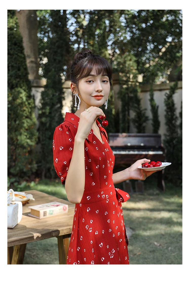 Mishow Red Chiffon V-Neck Floral Midi Dress MXA29L0356