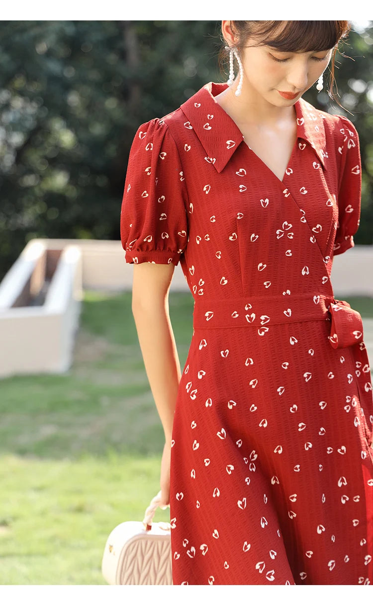 Mishow Red Chiffon V-Neck Floral Midi Dress MXA29L0356