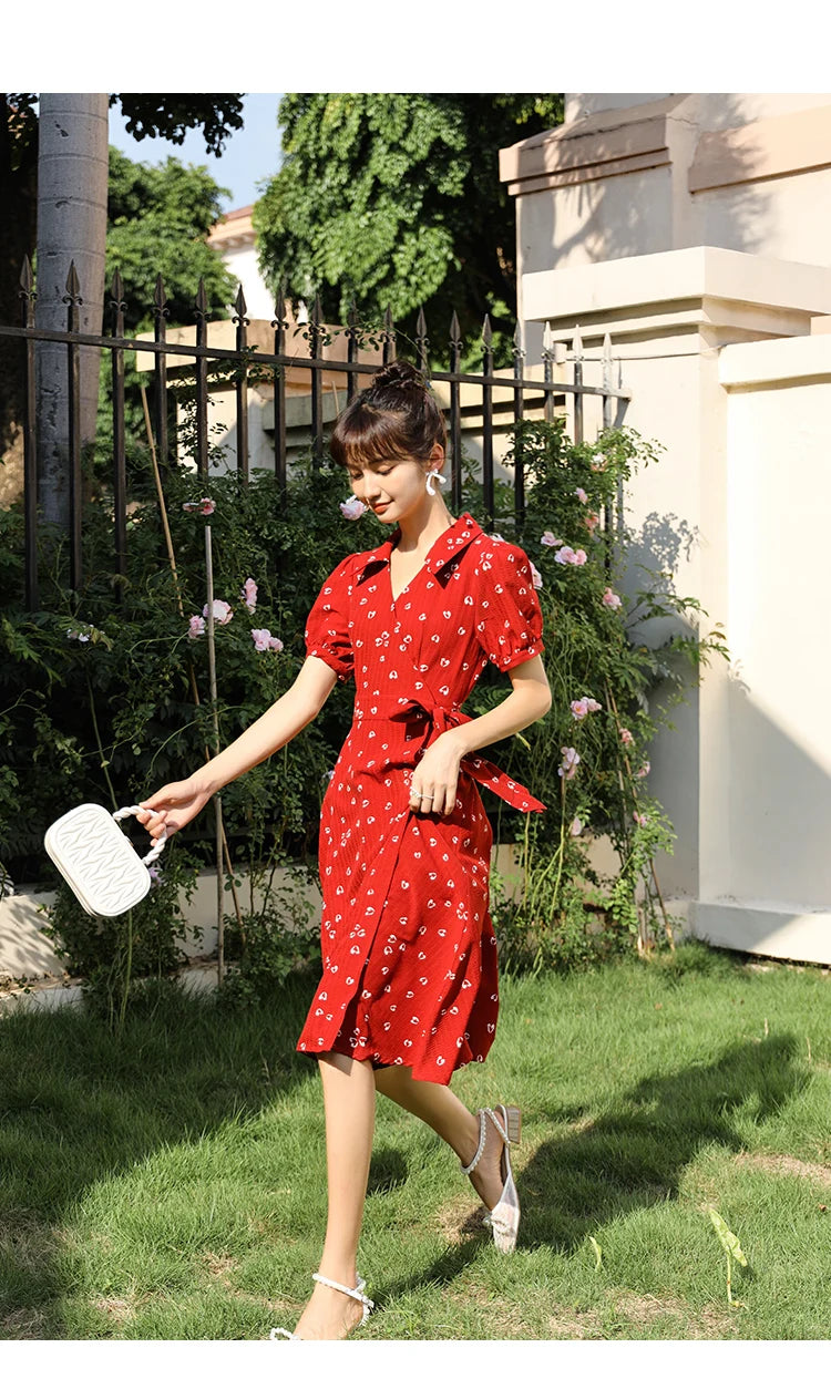 Mishow Red Chiffon V-Neck Floral Midi Dress MXA29L0356