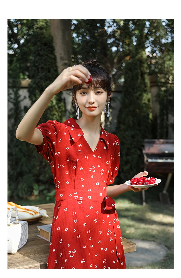 Mishow Red Chiffon V-Neck Floral Midi Dress MXA29L0356
