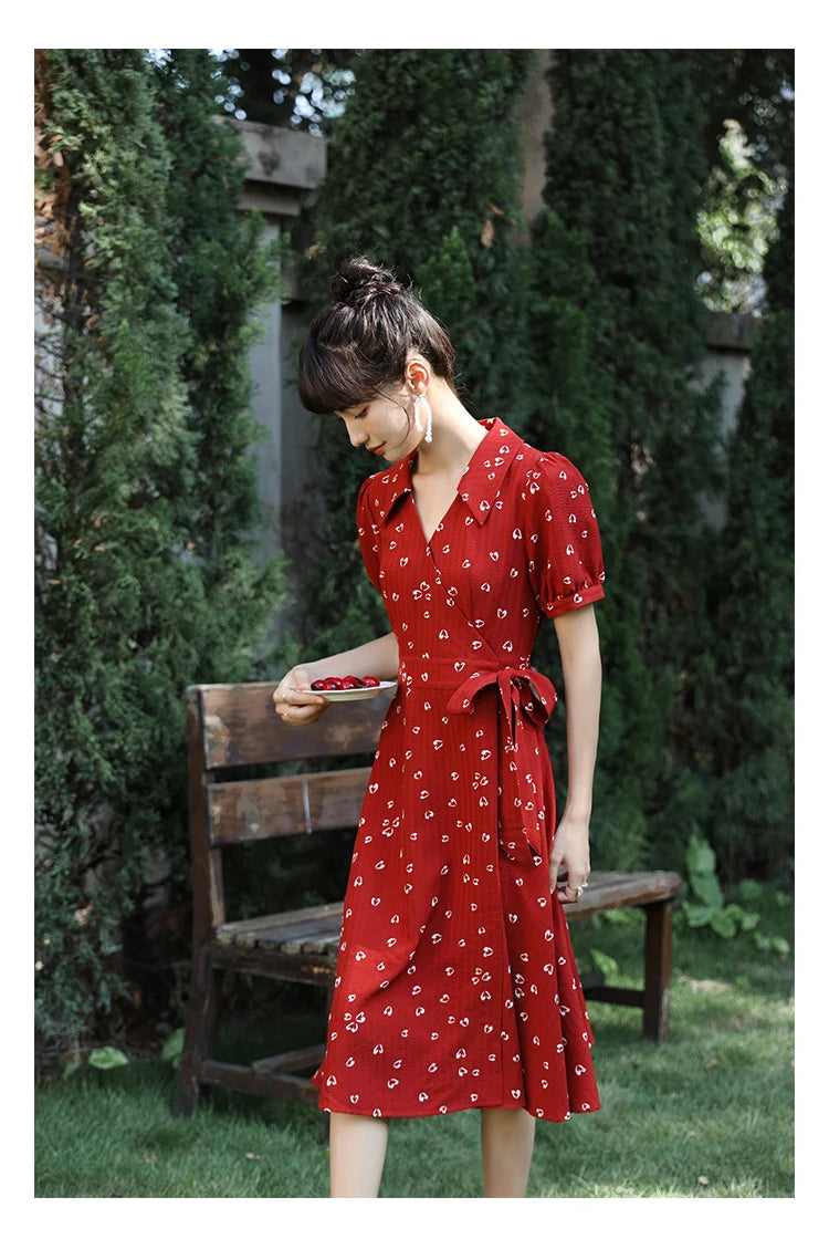 Mishow Red Chiffon V-Neck Floral Midi Dress MXA29L0356