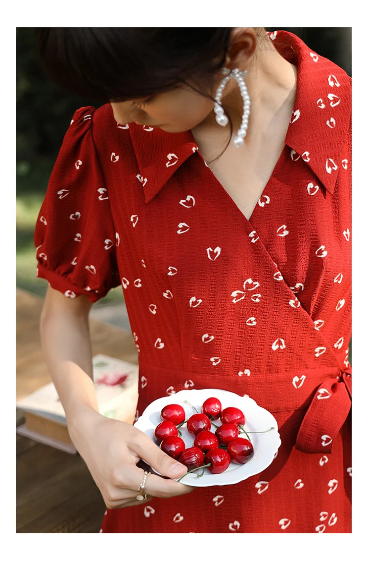 Mishow Red Chiffon V-Neck Floral Midi Dress MXA29L0356