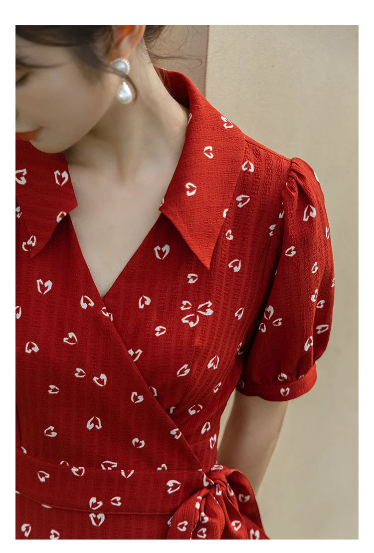 Mishow Red Chiffon V-Neck Floral Midi Dress MXA29L0356