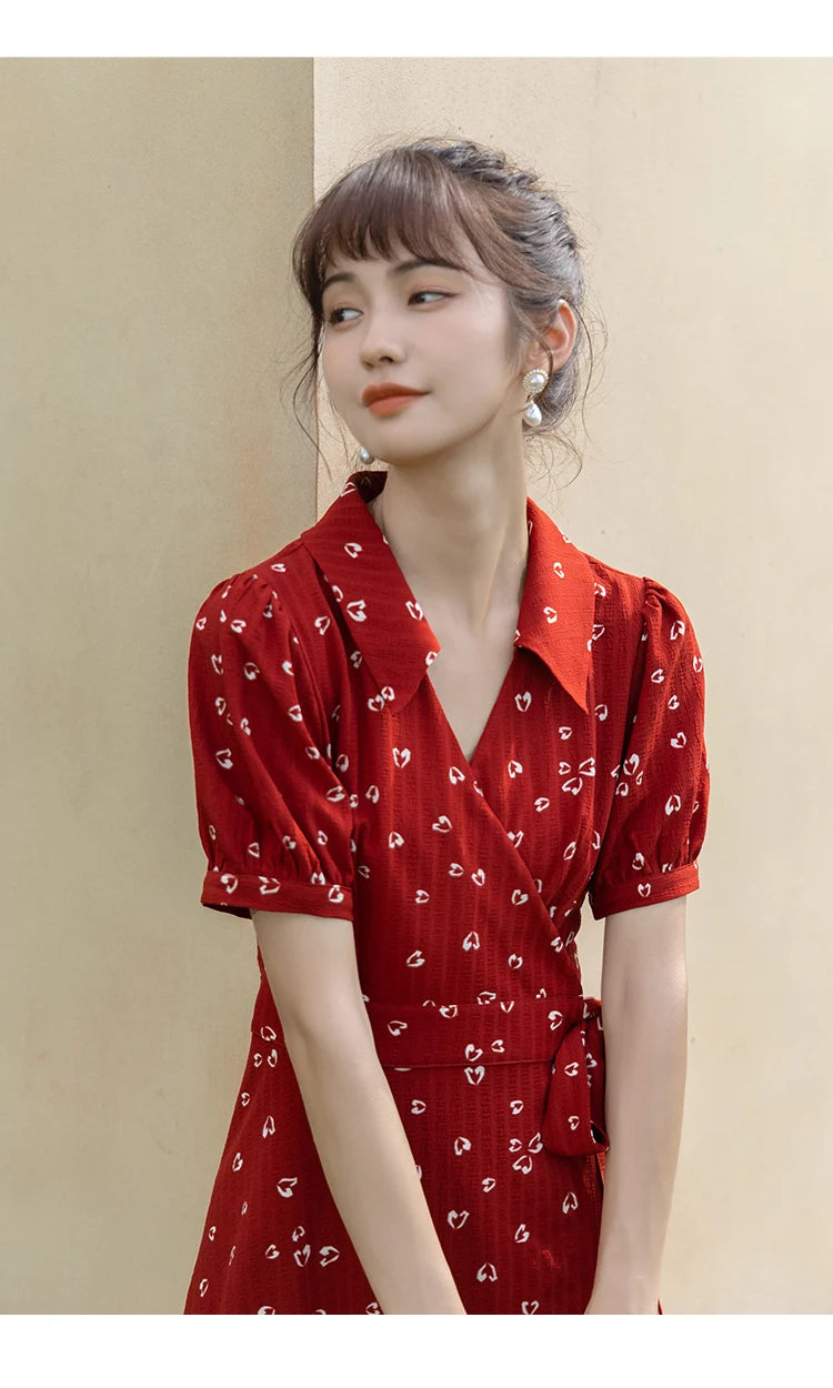 Mishow Red Chiffon V-Neck Floral Midi Dress MXA29L0356