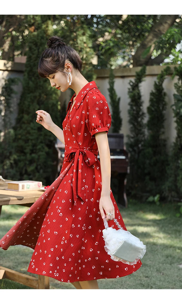 Mishow Red Chiffon V-Neck Floral Midi Dress MXA29L0356