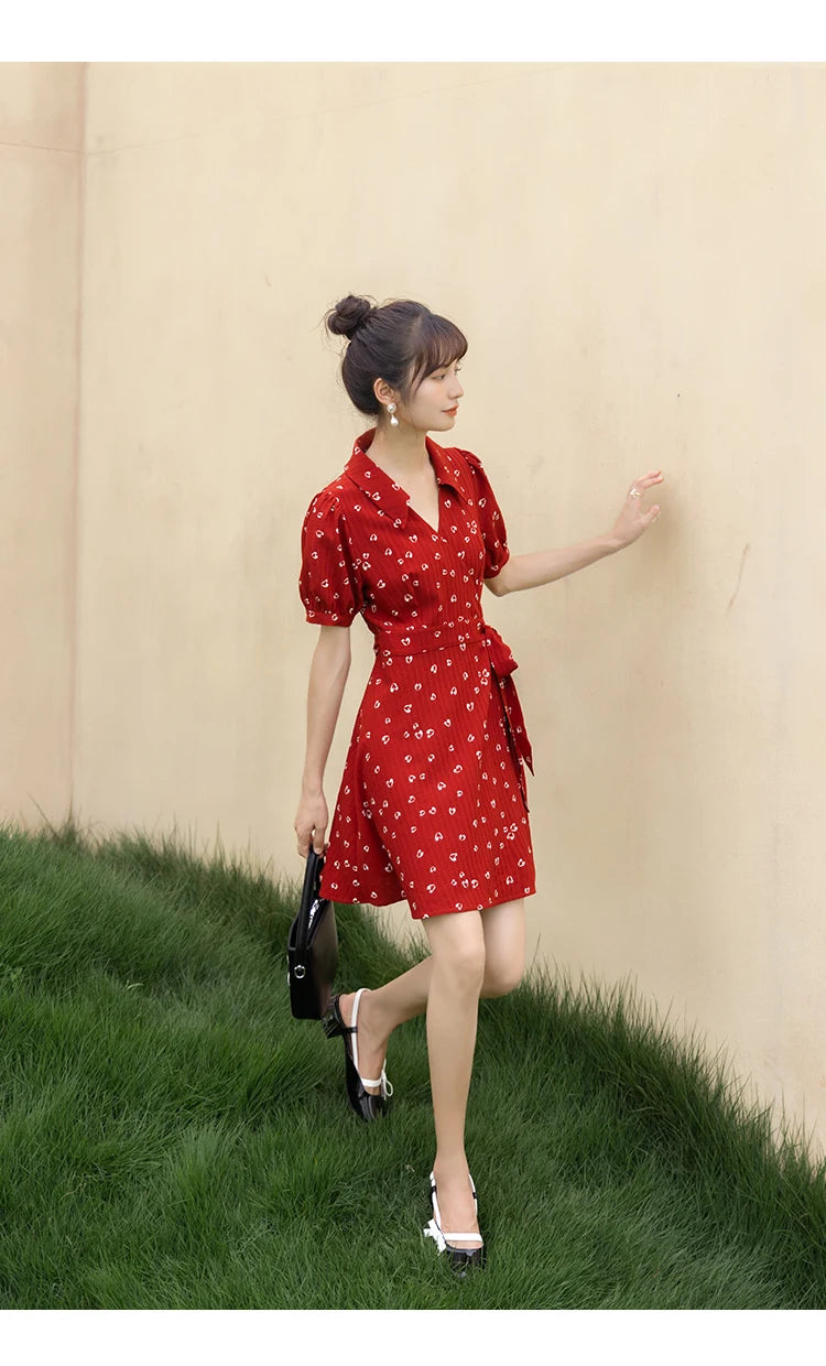 Mishow Red Chiffon V-Neck Floral Midi Dress MXA29L0356