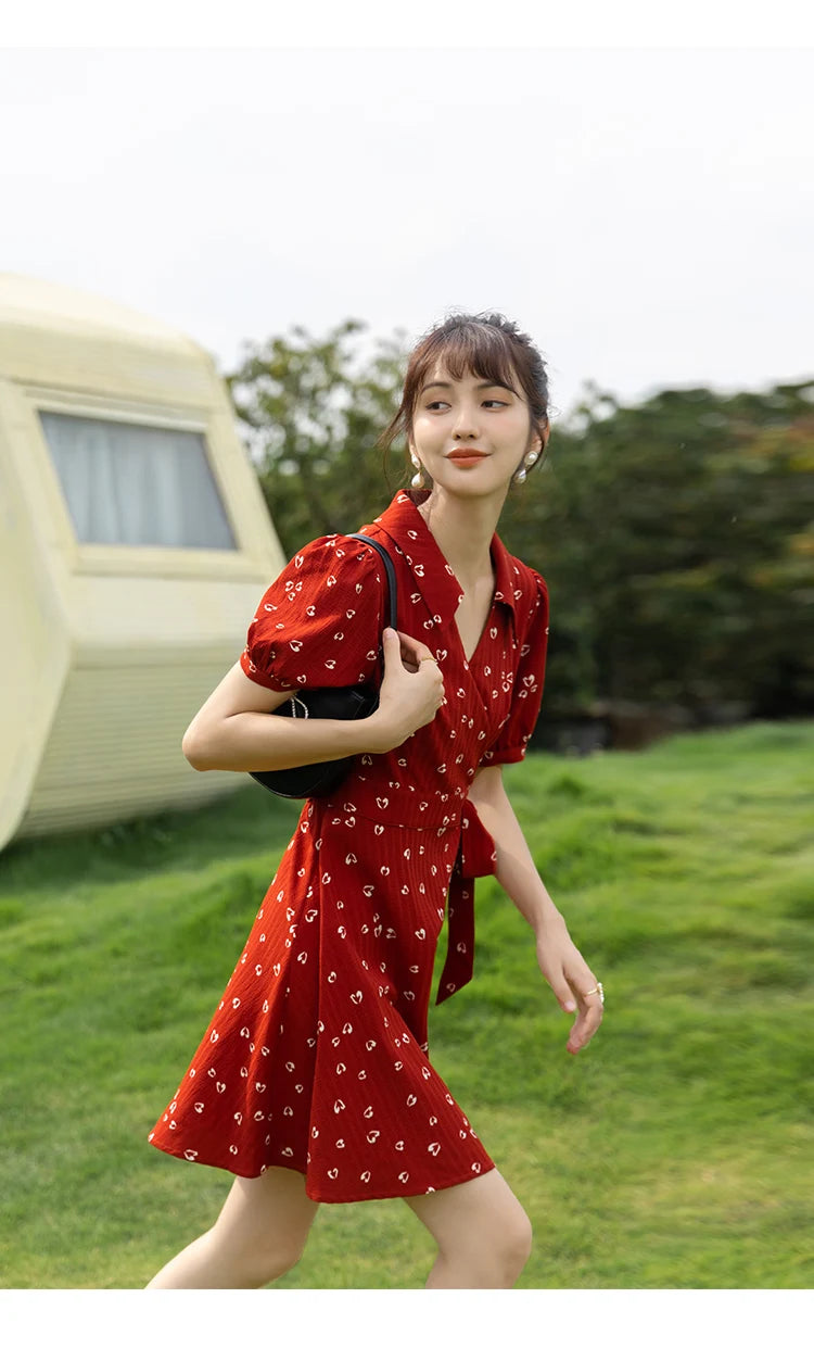 Mishow Red Chiffon V-Neck Floral Midi Dress MXA29L0356