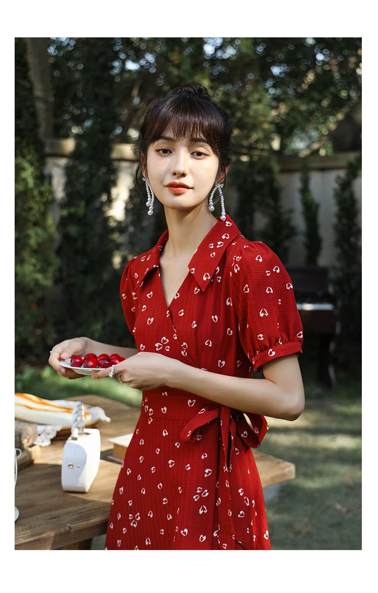 Mishow Red Chiffon V-Neck Floral Midi Dress MXA29L0356