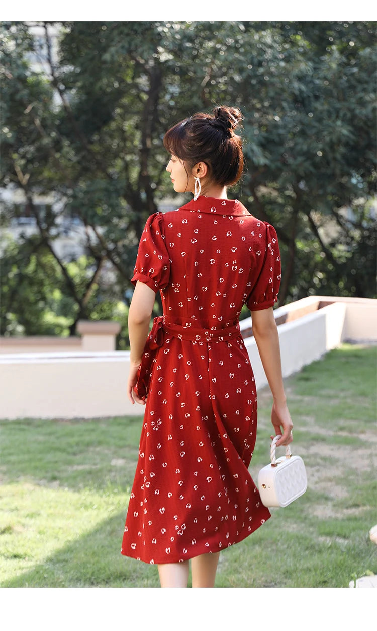 Mishow Red Chiffon V-Neck Floral Midi Dress MXA29L0356