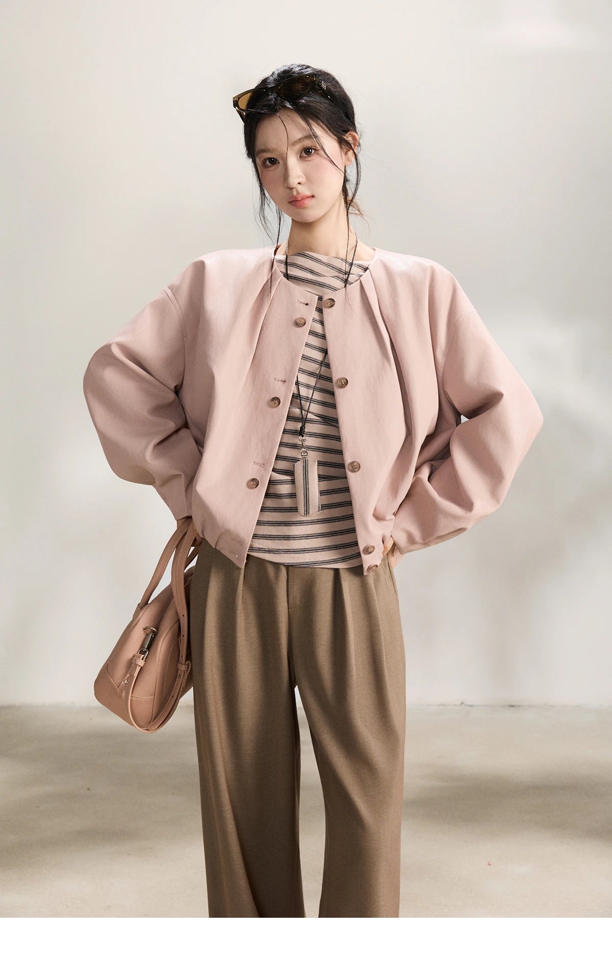 MISHOW Pink Flower Bud Leather Jacket Crew Neck Single-Breasted MXF108W1001