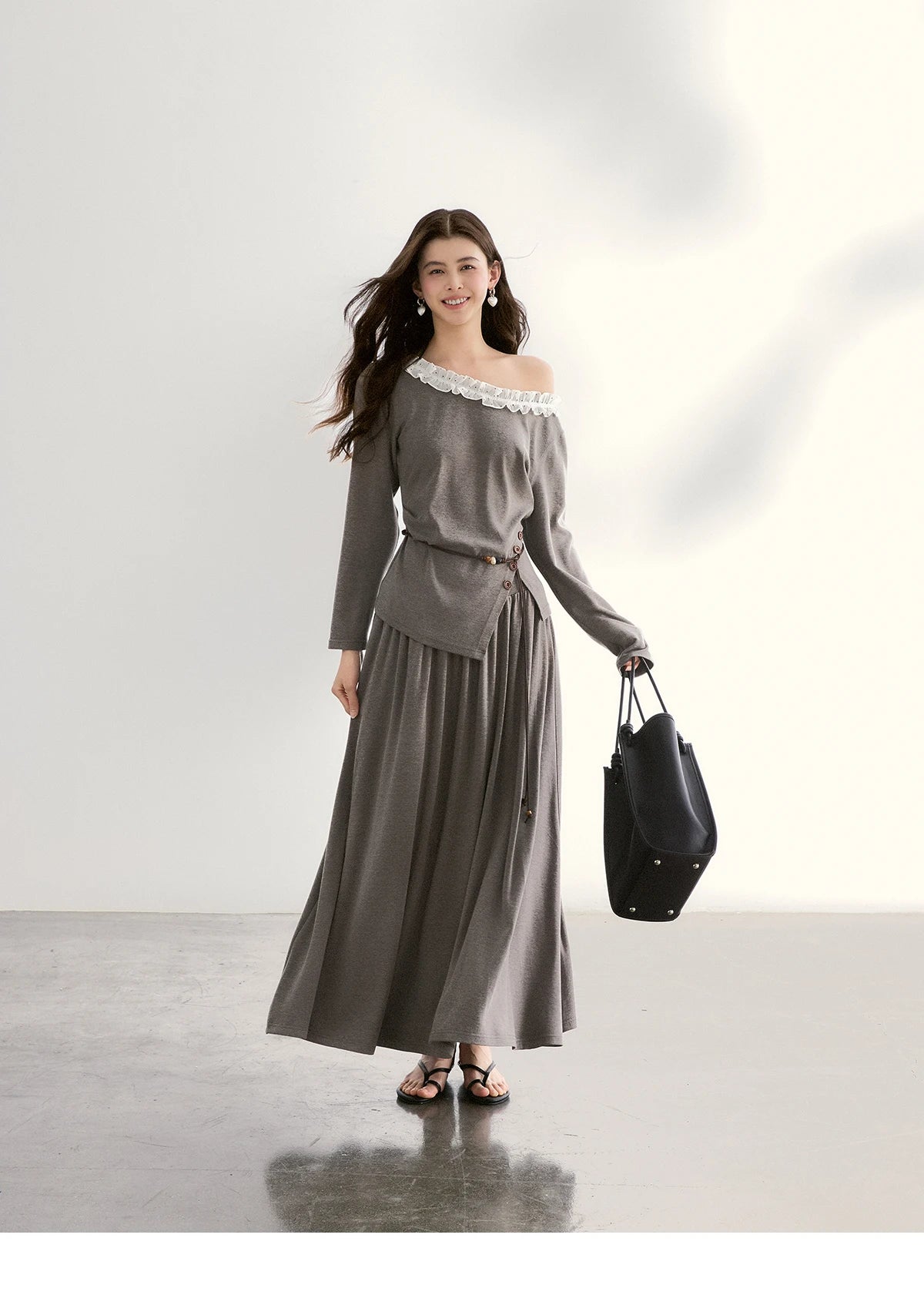 Mishow Grey Off-Shoulder Lace Trim Top & Maxi Skirt Set MXF13T1479