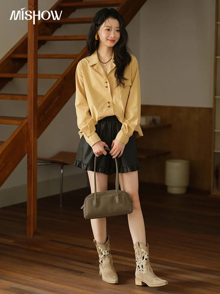 MISHOW Yellow Lapel Cotton Shirt Contrast Button Pocket MXE41C2356