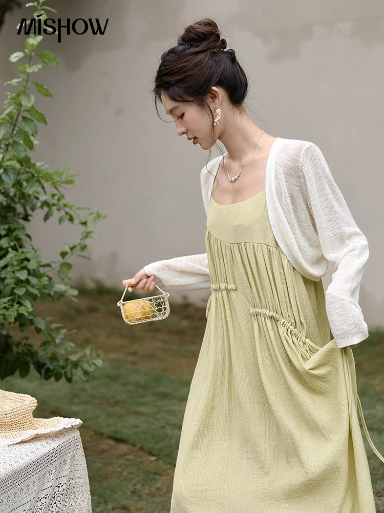 Mishow Irregular Pleated Olive Green Drawstring Dress MXD31L1928