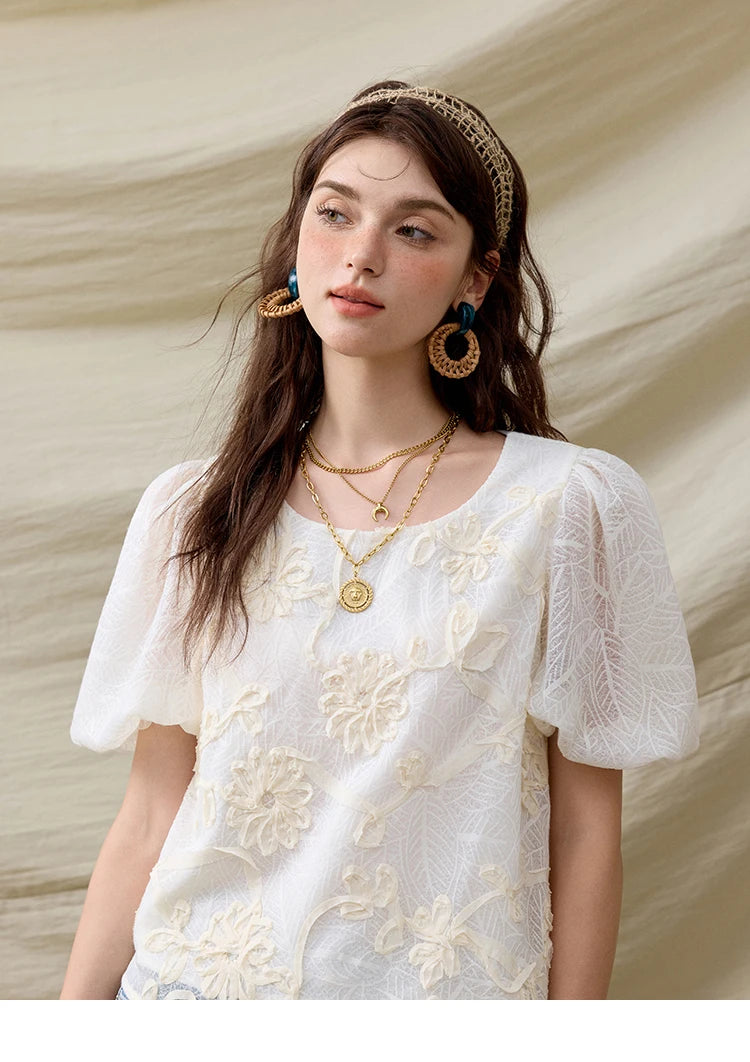 MISHOW Short Puff Sleeve Blouse Round Neck Jacquard MXE32X1772