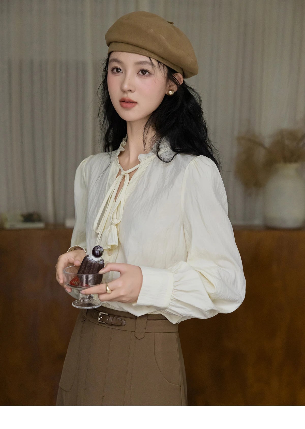 MISHOW Flower Bud Tie Lyocell Shirt V-Neck Long Sleeve MXD42X1640